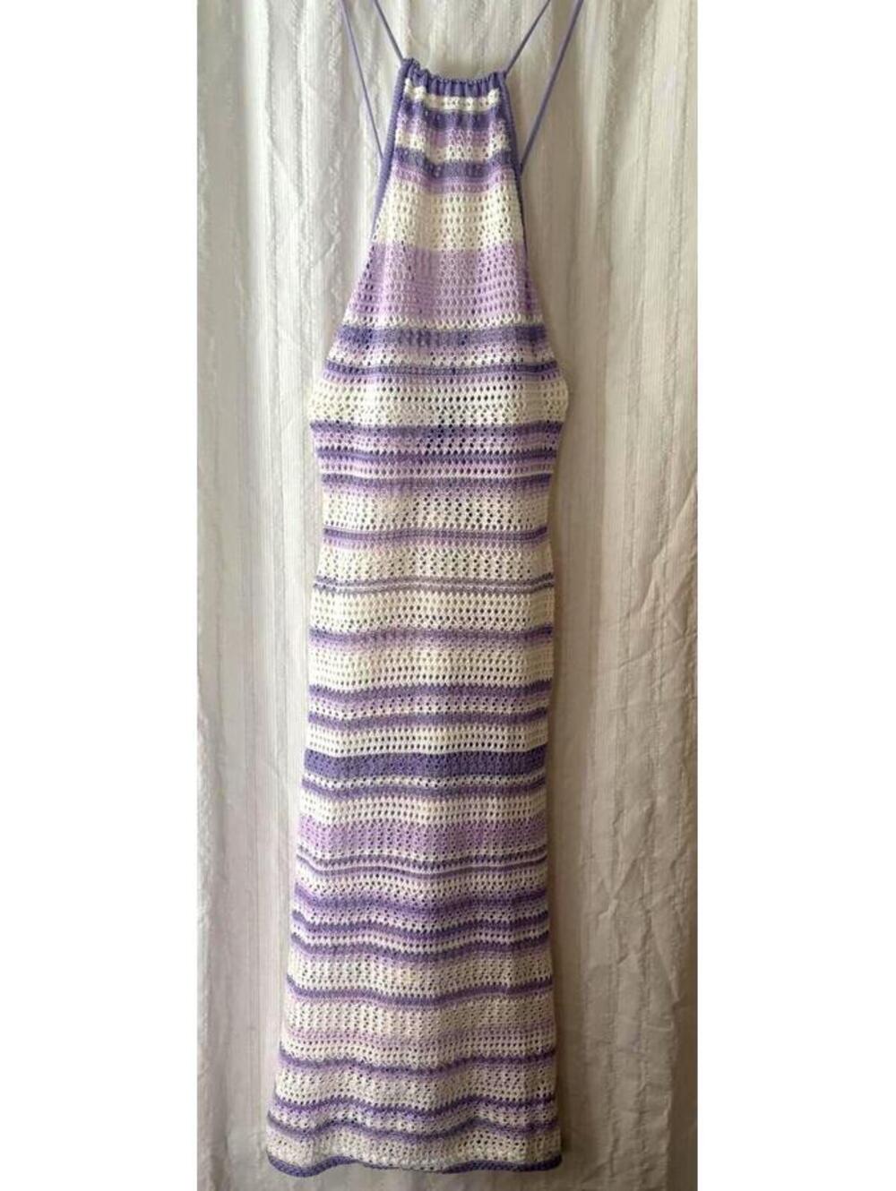 Crochet Halter Maxi Dress Coverup in Purple and White Stripes Size Small/Medium